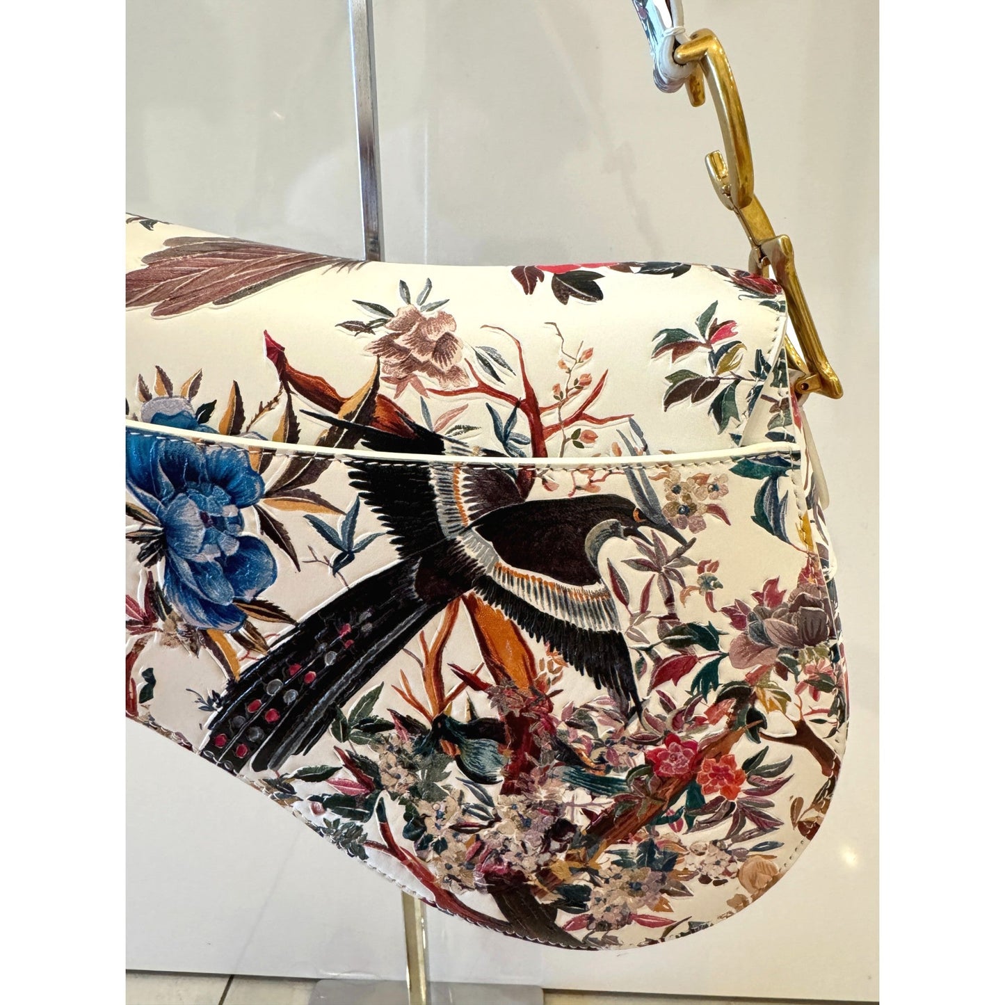 Rare Floral and Bird Print Leather Saddle Bag Gold Detailing