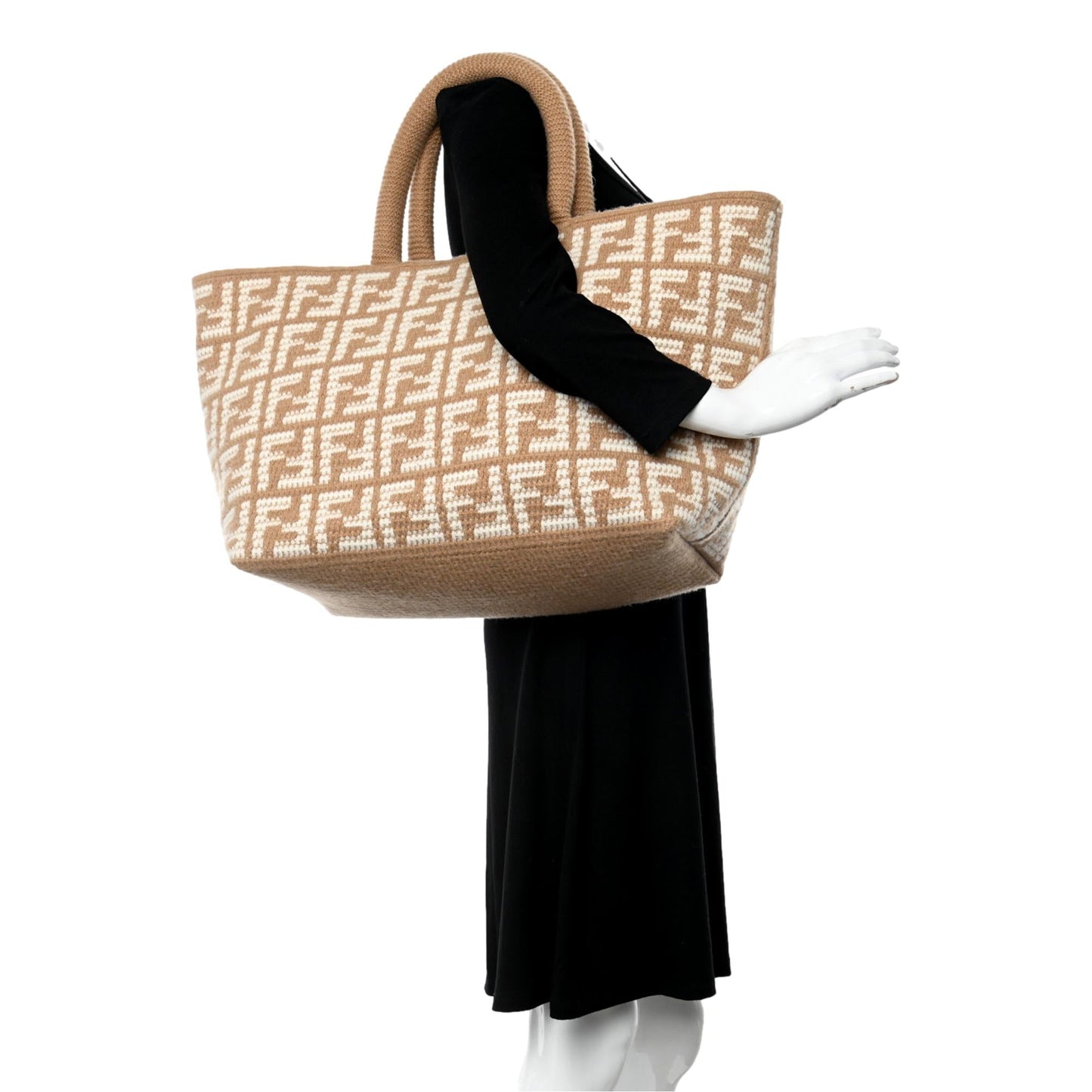 FF Cammello Beige Knitted Cashmere Large Shopper Tote Bag