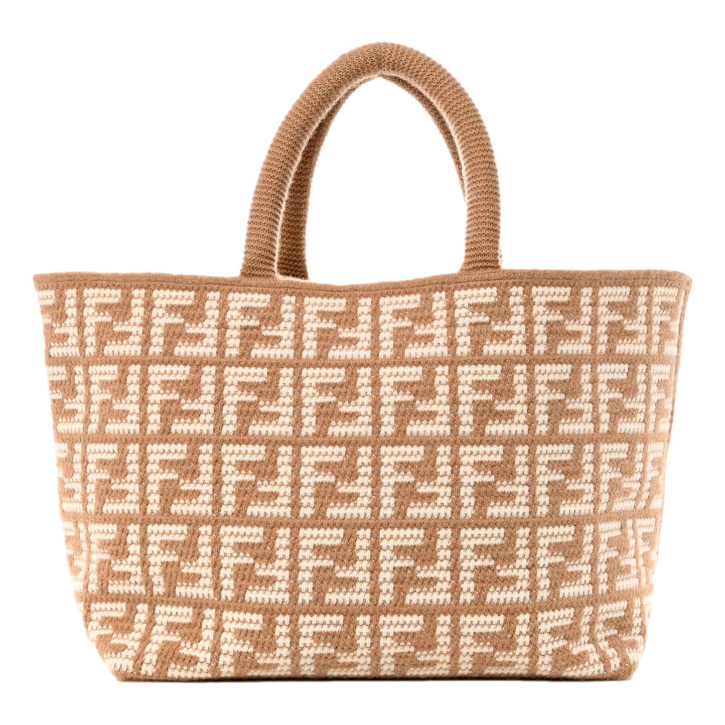 FF Cammello Beige Knitted Cashmere Large Shopper Tote Bag