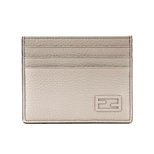 FF Logo Light Gray and Blue Pebbled Calf Leather Card Case Wallet