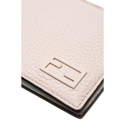 FF Logo Plaque Light Gray and Blue Pebbled Calf Leather Bifold Wallet