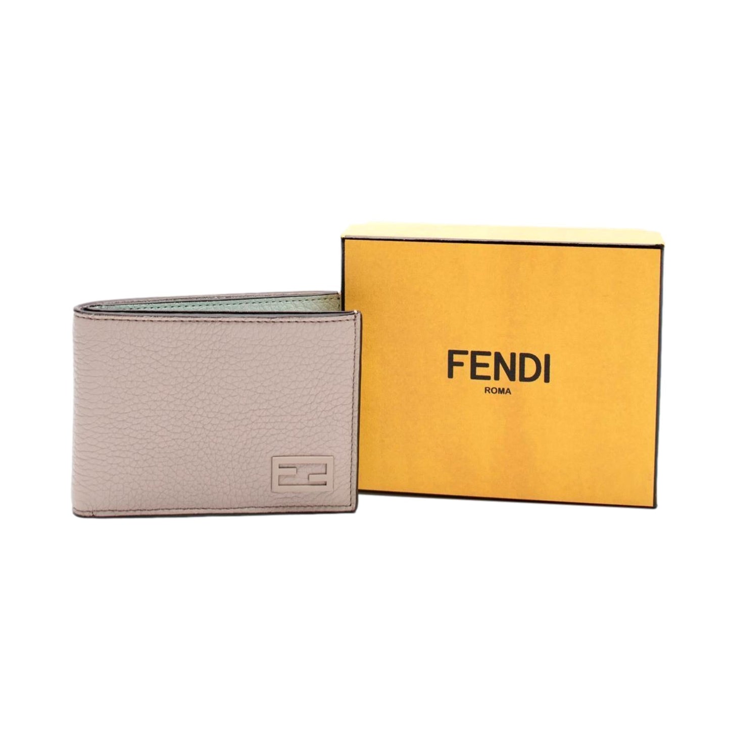 FF Logo Plaque Light Gray and Blue Pebbled Calf Leather Bifold Wallet