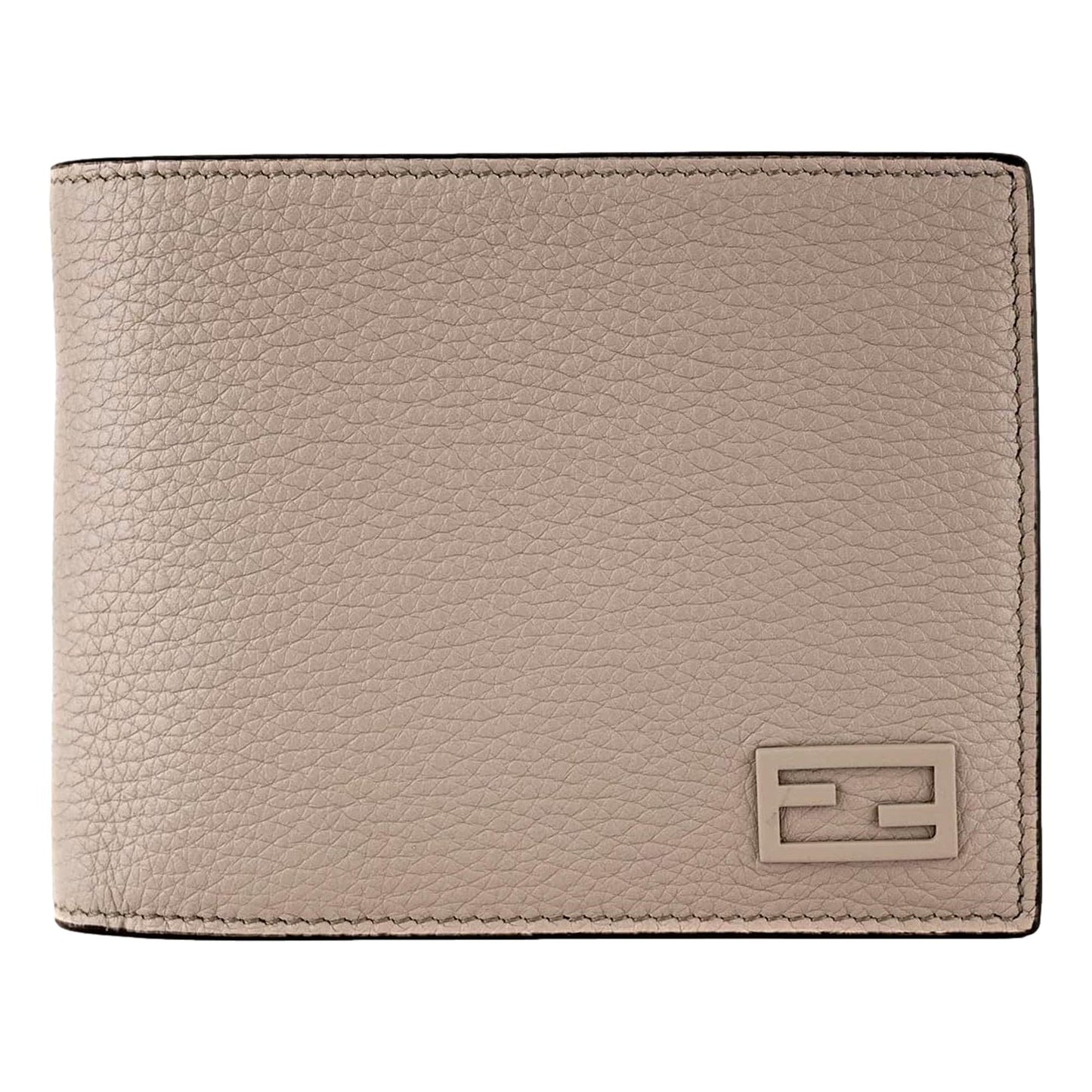 FF Logo Plaque Light Gray and Blue Pebbled Calf Leather Bifold Wallet