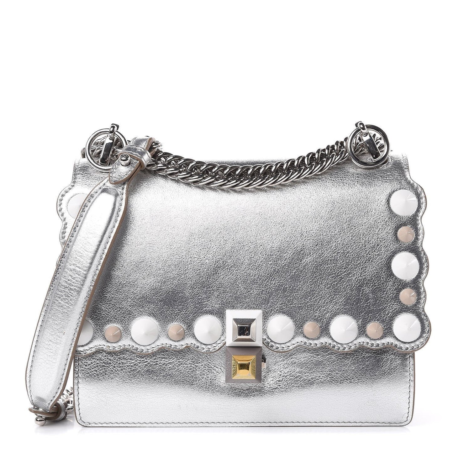 Kan I Metallic Silver Calfskin Scalloped Studded Bag