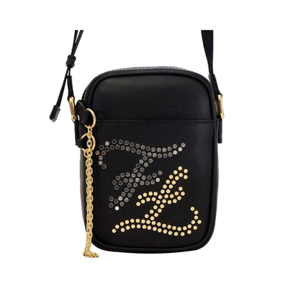 Karligraphy Studded Black Leather Small Crossbody Bag