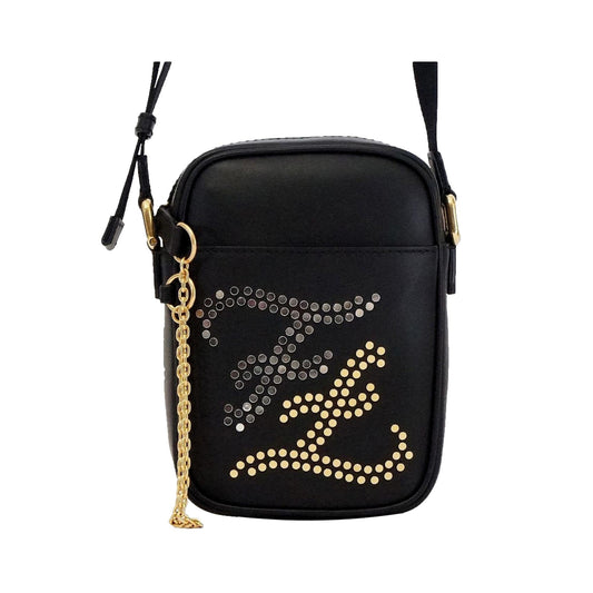 Karligraphy Studded Black Leather Small Crossbody Bag