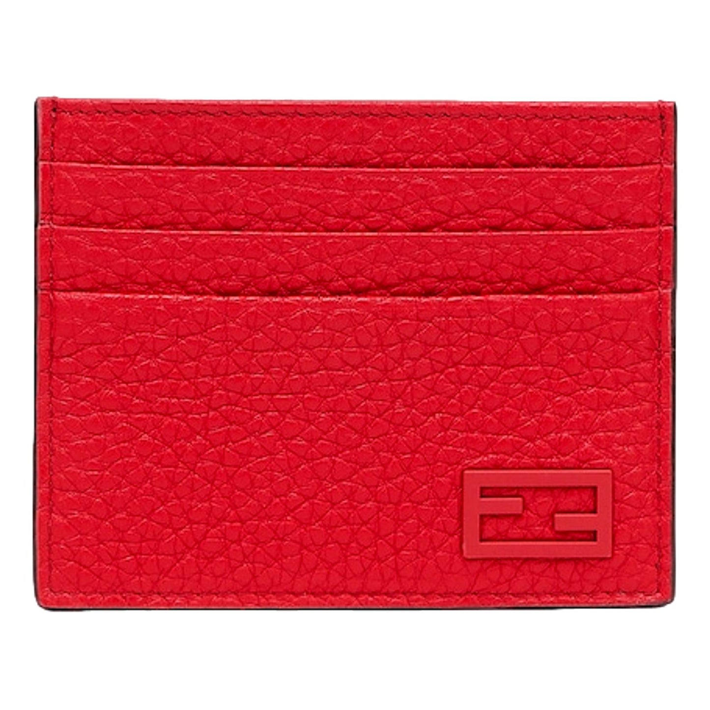 Red Calfskin Grained Leather Logo Card Case Wallet