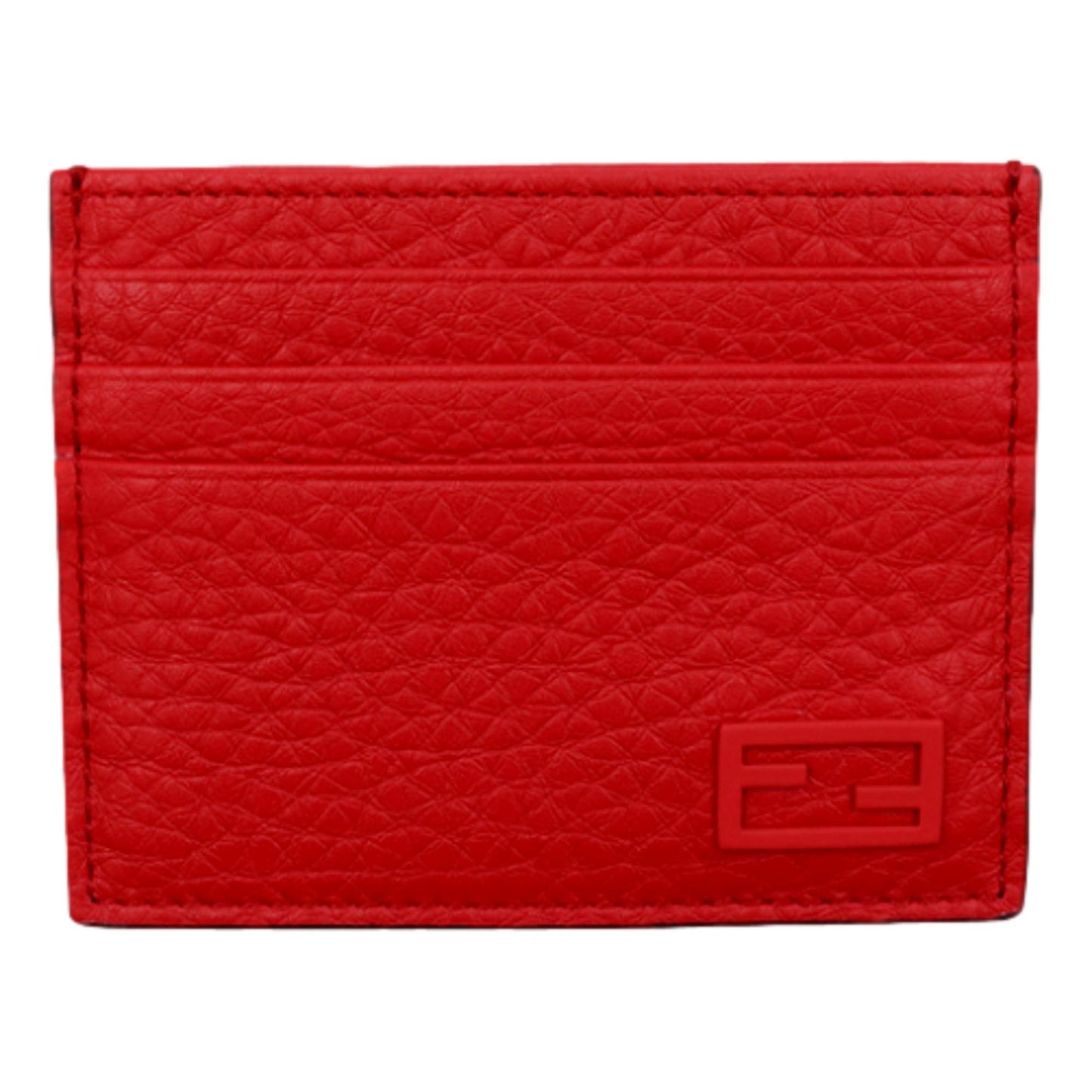 Red Calfskin Grained Leather Logo Card Case Wallet