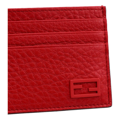 Red Calfskin Grained Leather Logo Card Case Wallet