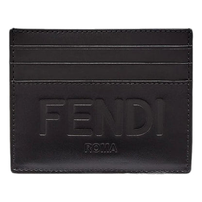 Roma Black Calfskin Leather Embossed Logo Card Case Wallet