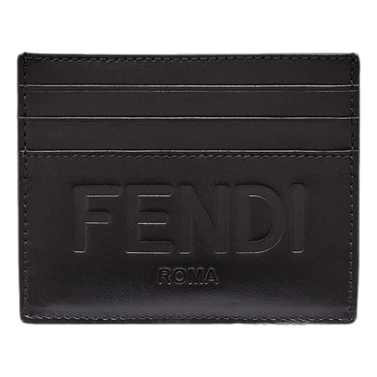 Roma Black Calfskin Leather Embossed Logo Card Case Wallet