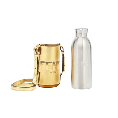 Roma Logo Steel Bottle and Gold Leather Holder Set