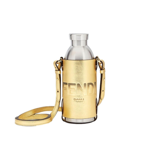 Roma Logo Steel Bottle and Gold Leather Holder Set