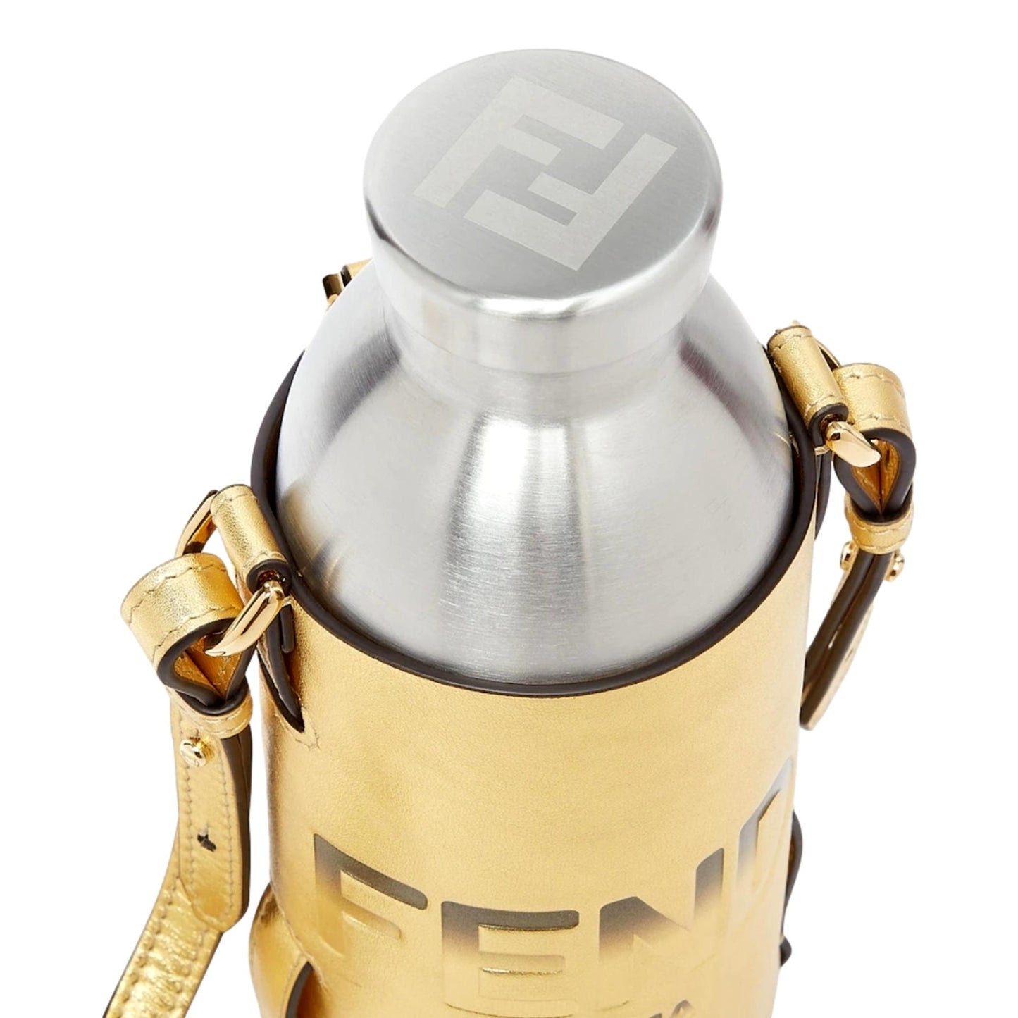 Roma Logo Steel Bottle and Gold Leather Holder Set