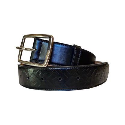 Silver Buckle Smooth Black Calf Leather Belt 100