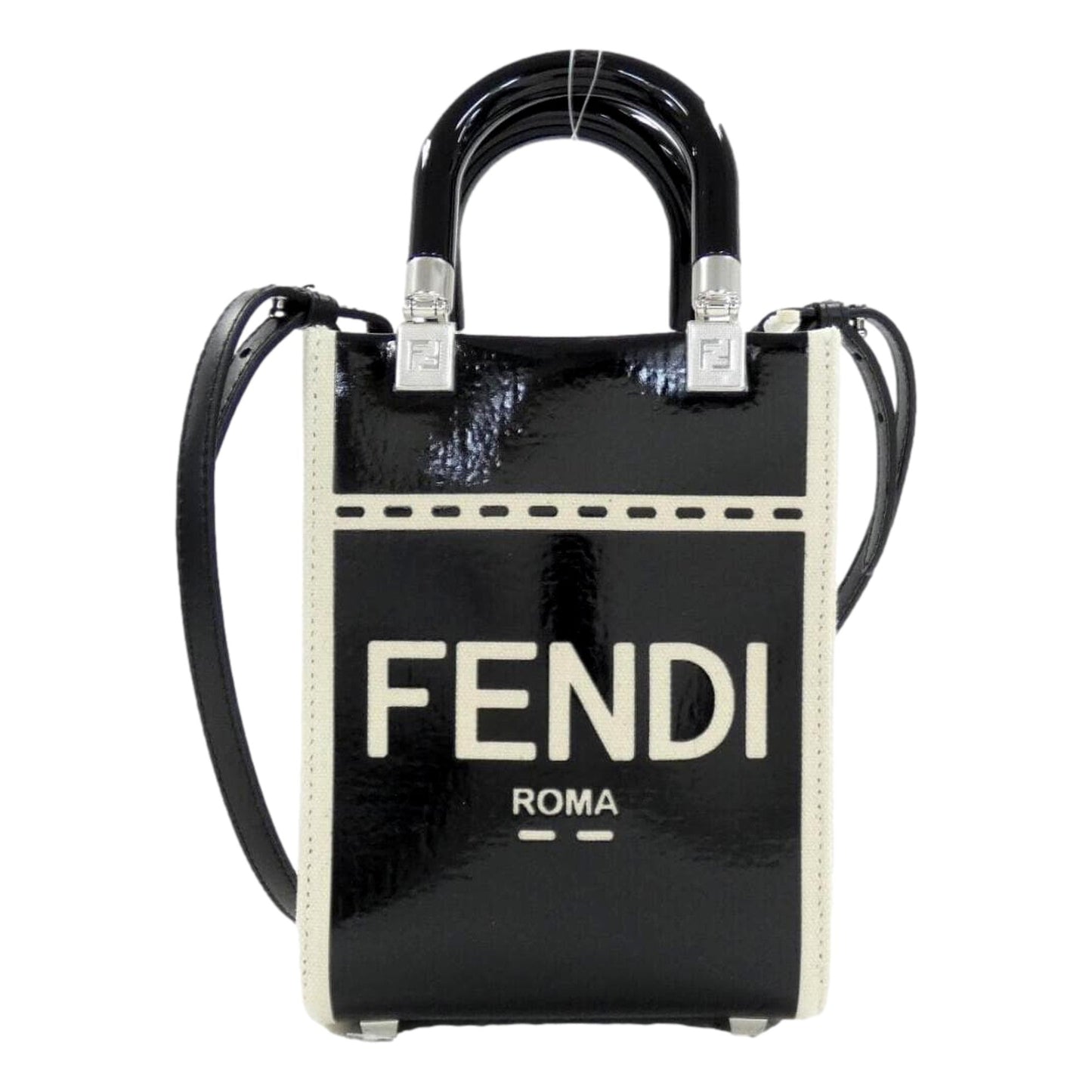 FF Mini Bag Shopper Tote Crossbody Bag Leather and Canvas Black