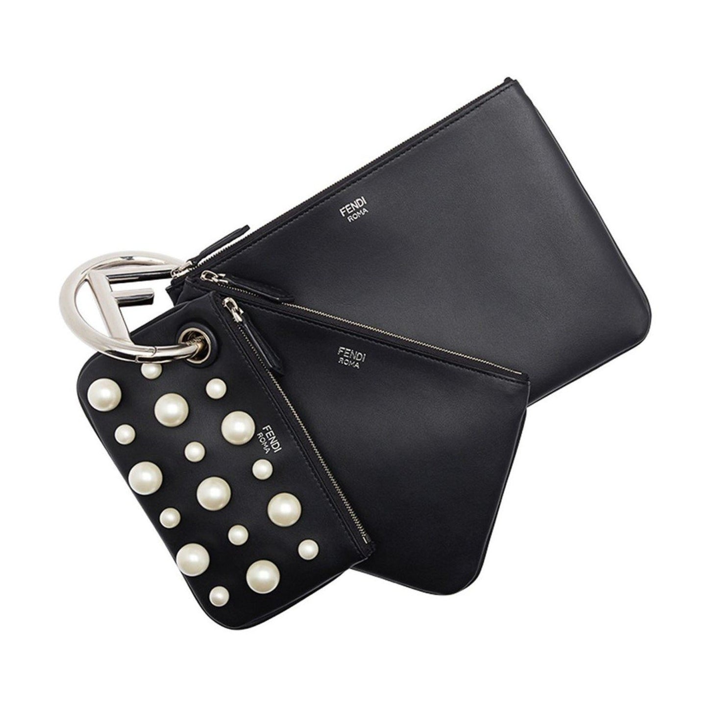 Black Leather Pearl Studded Triplette Multi Clutch Handbag