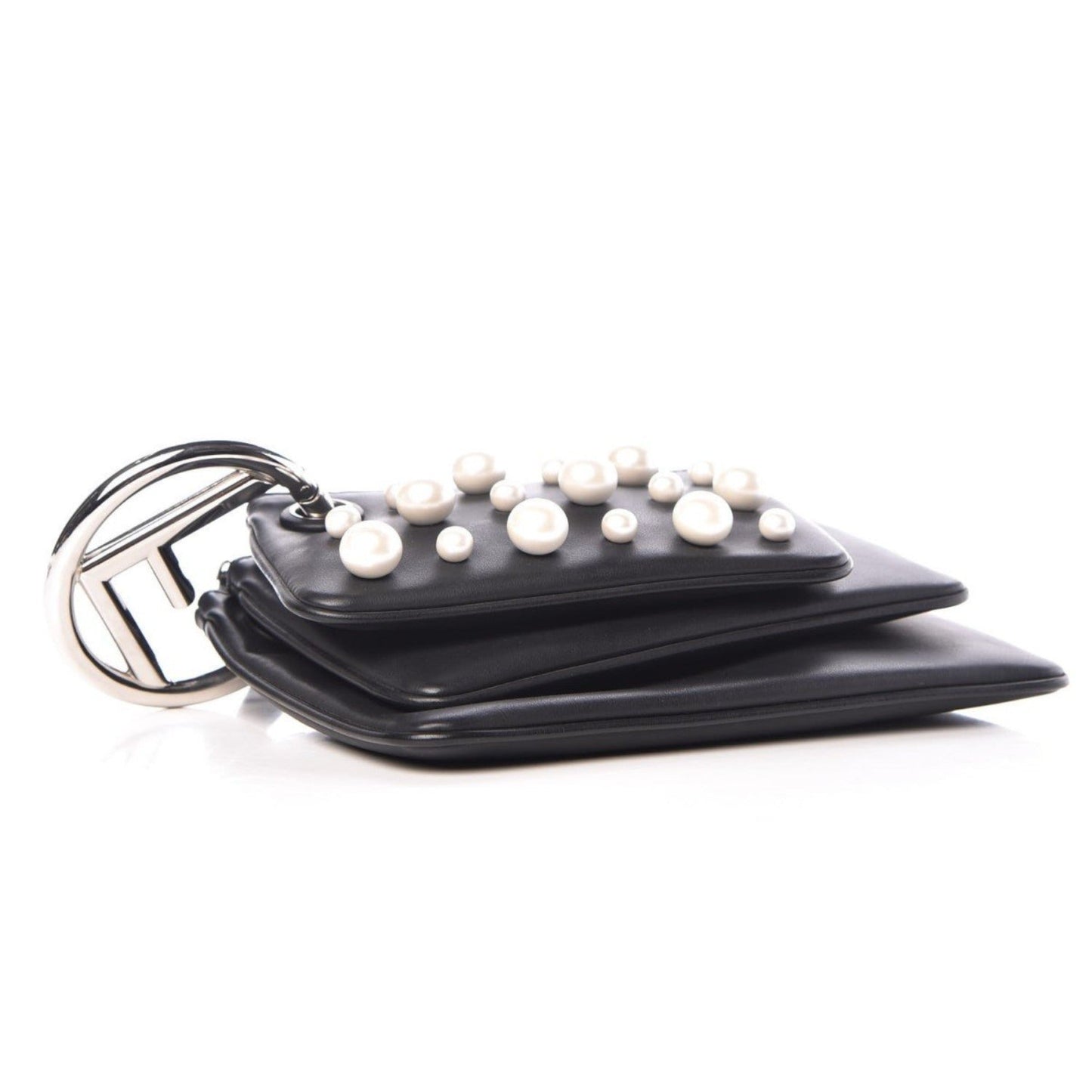 Black Leather Pearl Studded Triplette Multi Clutch Handbag