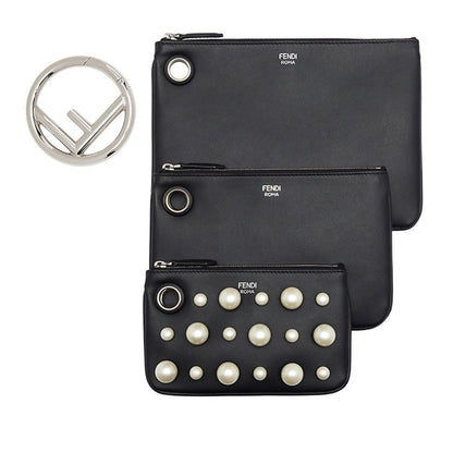 Black Leather Pearl Studded Triplette Multi Clutch Handbag