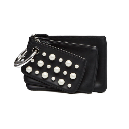 Black Leather Pearl Studded Triplette Multi Clutch Handbag