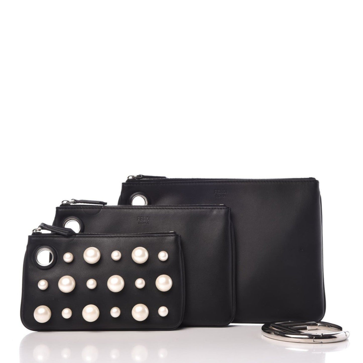 Black Leather Pearl Studded Triplette Multi Clutch Handbag