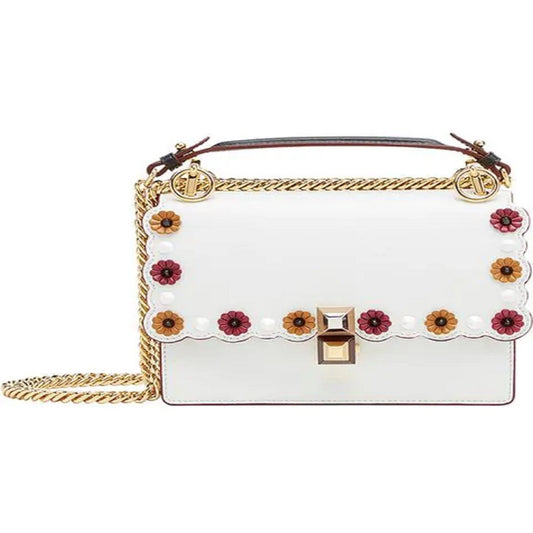 Kan I White Multi Color Flowers Leather Chain Bag