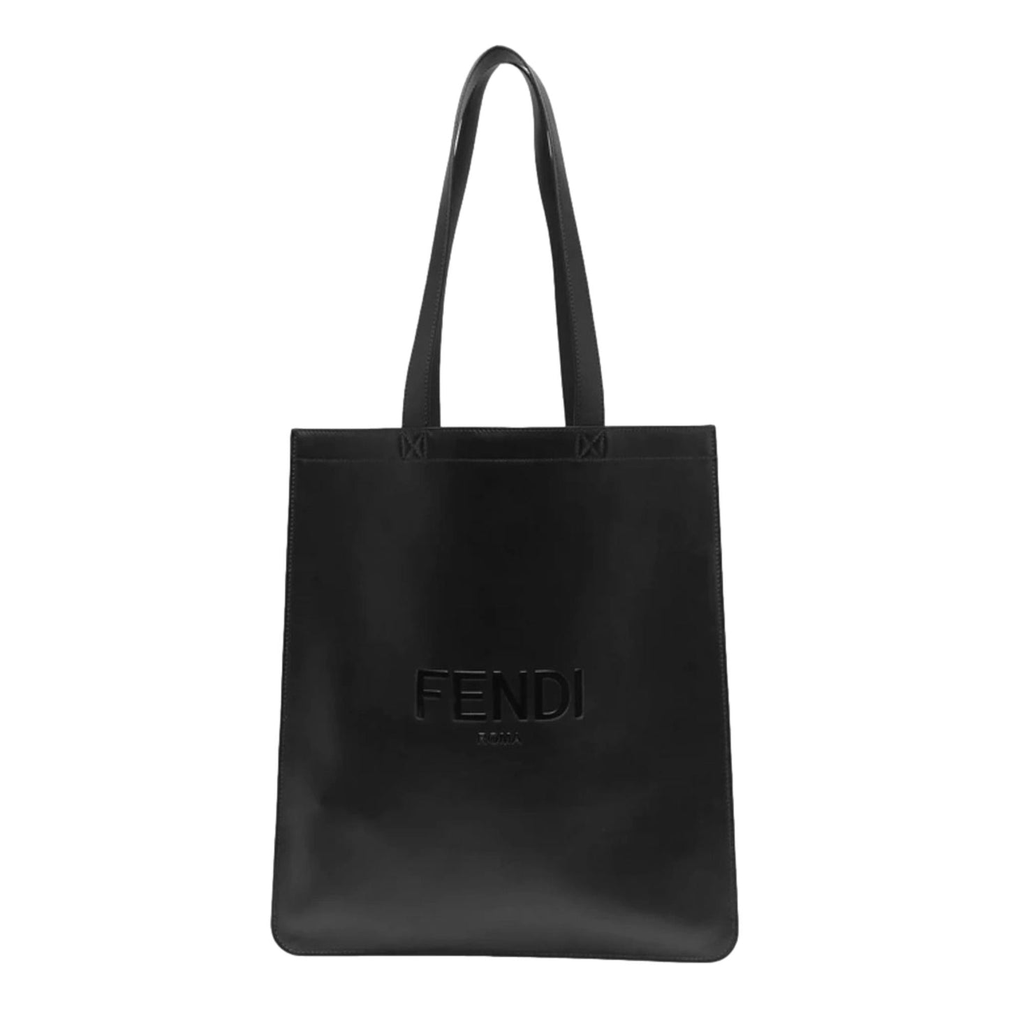 Roma Embossed Logo Black Calf Leather Large Shopping Tote Bag