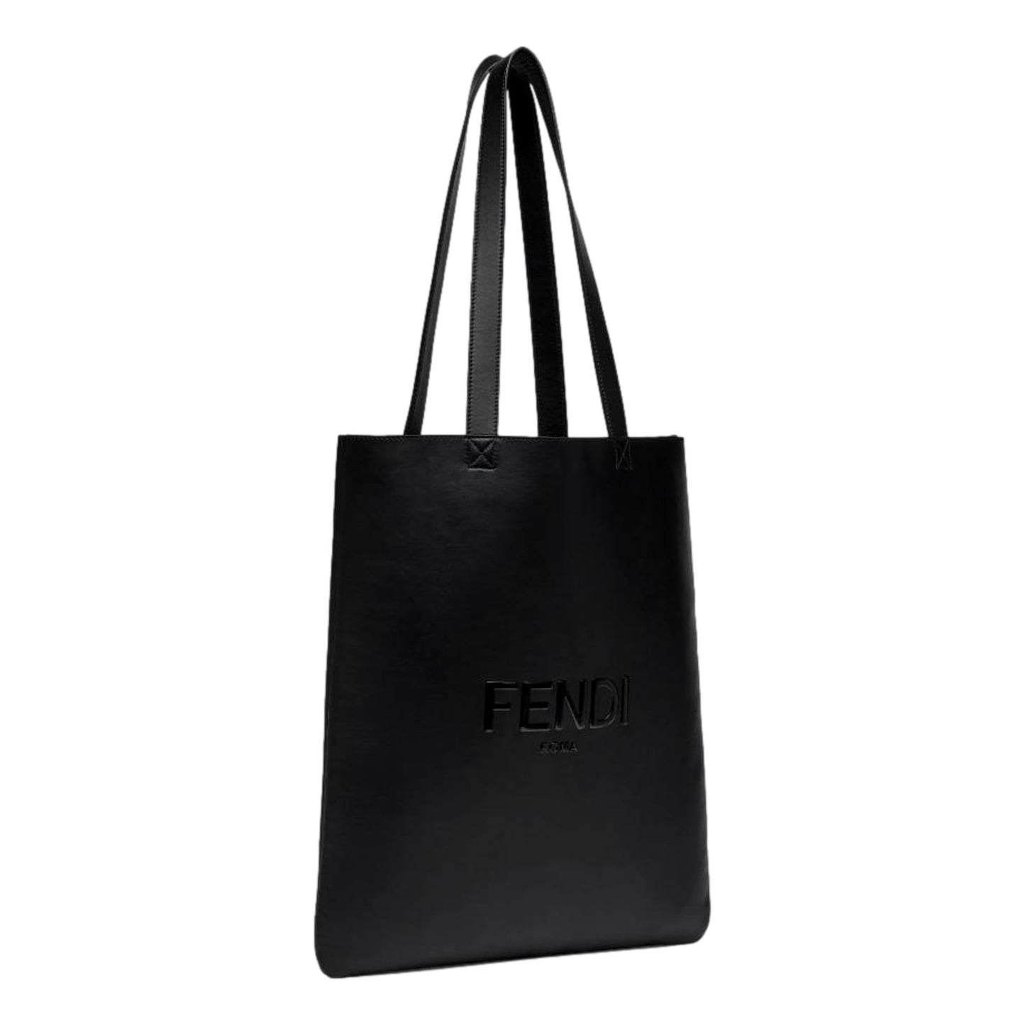 Roma Embossed Logo Black Calf Leather Large Shopping Tote Bag