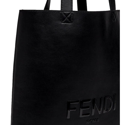 Roma Embossed Logo Black Calf Leather Large Shopping Tote Bag