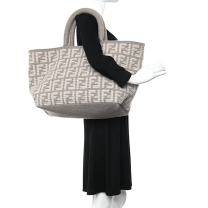 FF Tortora Gray Knitted Cashmere Wool Large Shopper Tote Bag