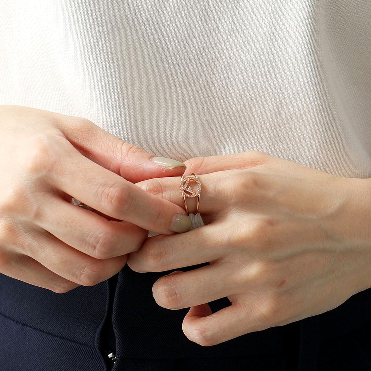 F is Circle Logo Crystal Ring Rose Gold Metal Size Large