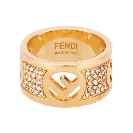 F is Logo Ring Wide Band Crystal Gold Metal Size Medium