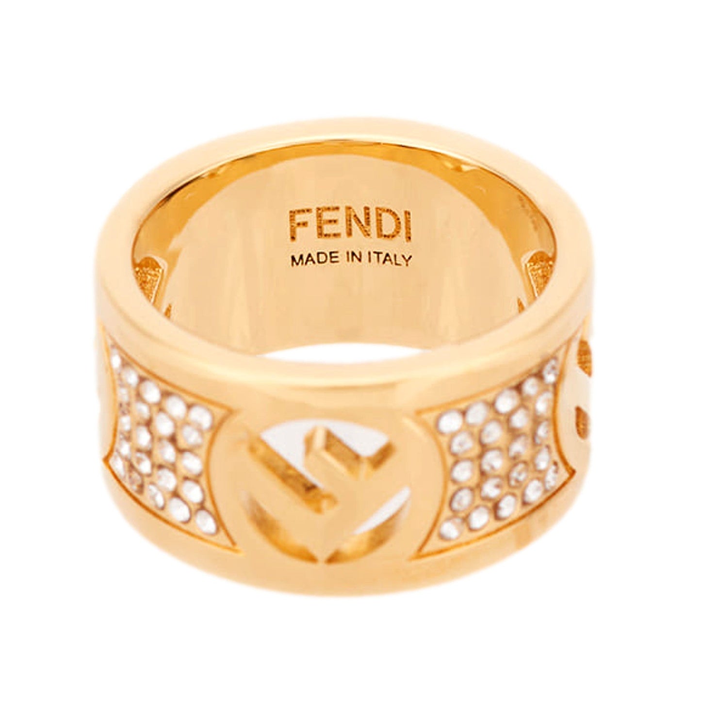 F is Logo Ring Wide Band Crystal Gold Metal Size Medium