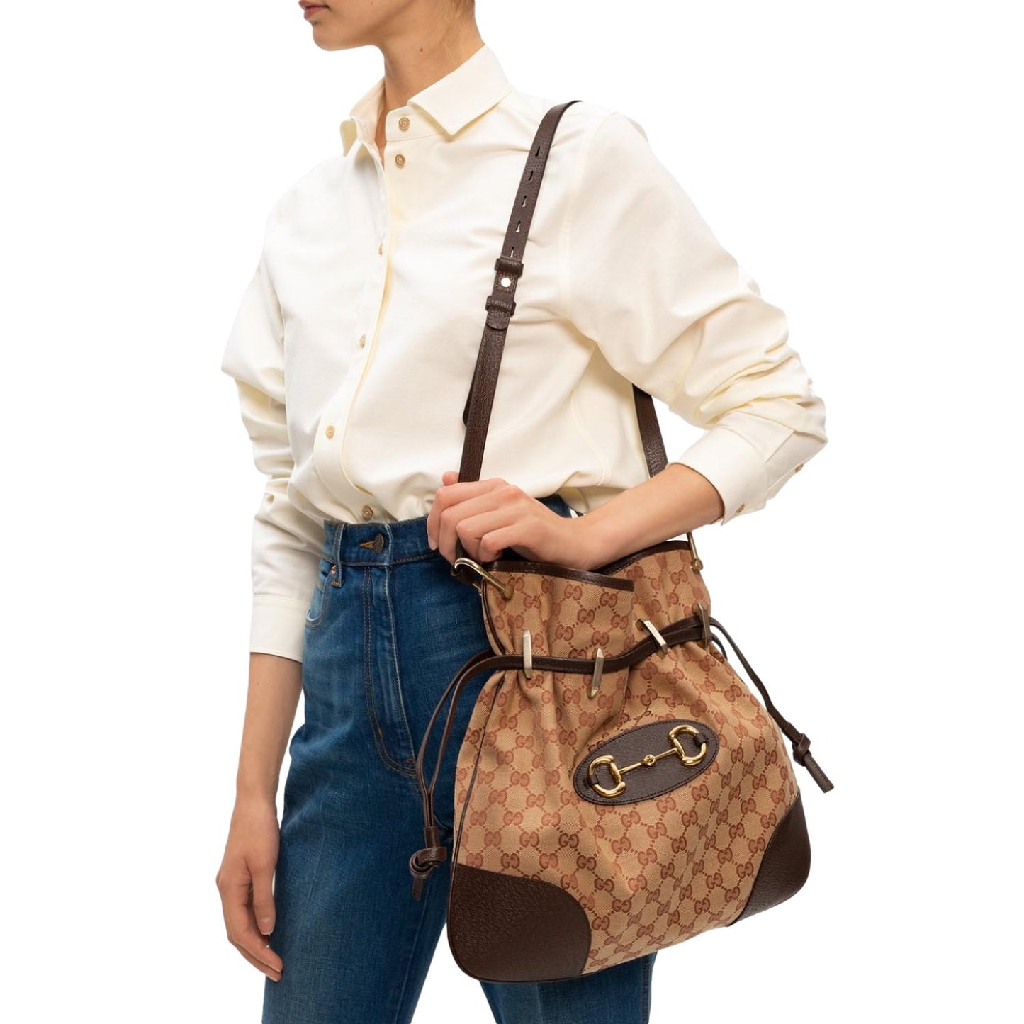 1955 Horsebit Beige Canvas Drawstring Cross Body Bag