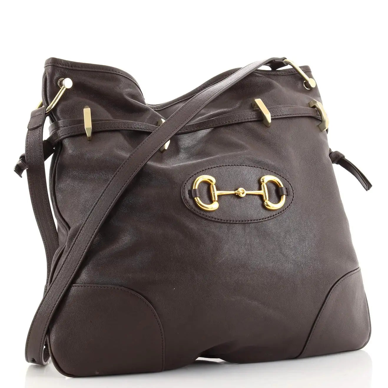 1955 Morsetto Small Leather Horsebit Drawstring Brown Bucket Bag