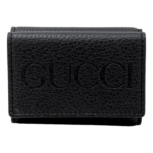 Embossed Logo Mini Tri-Fold Wallet Black Pebbled Leather