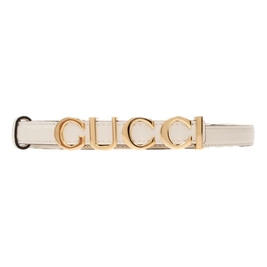 Cream Thin Leather Belt with Metal Gold Logo Lettering Size 80