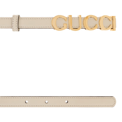 Cream Leather Belt with Metal Gold Logo Lettering Size 85