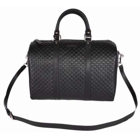 Microguccissima GG Black Leather Embossed Boston Bag