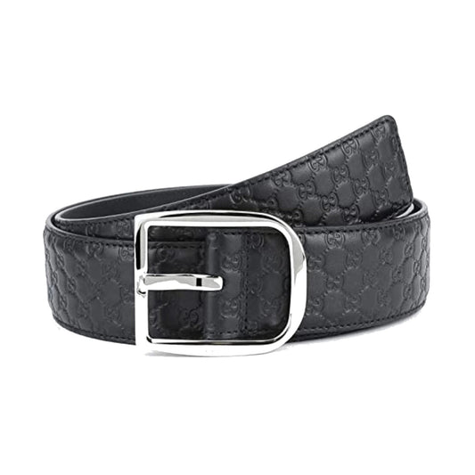 Mens Micro GG Black Calf Leather Silver Buckle Belt Size 95/38