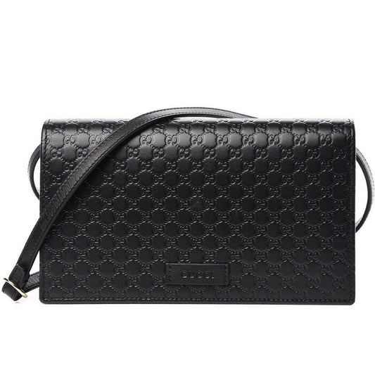 Microguccissima GG Logo Black Leather Wallet Crossbody Handbag