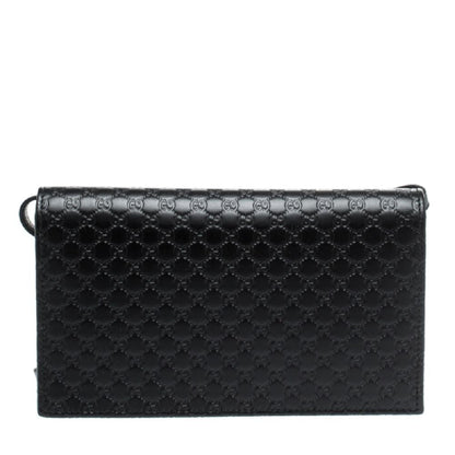 Microguccissima GG Logo Black Leather Wallet Crossbody Handbag