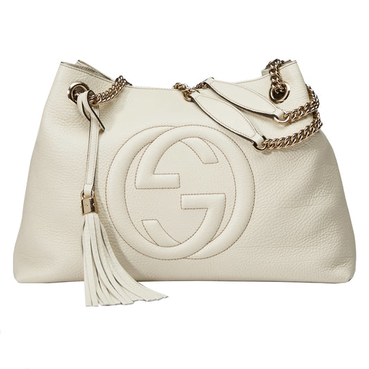 Soho GG Pebbled Calfskin Medium Gold Chain Shoulder Bag Ivory