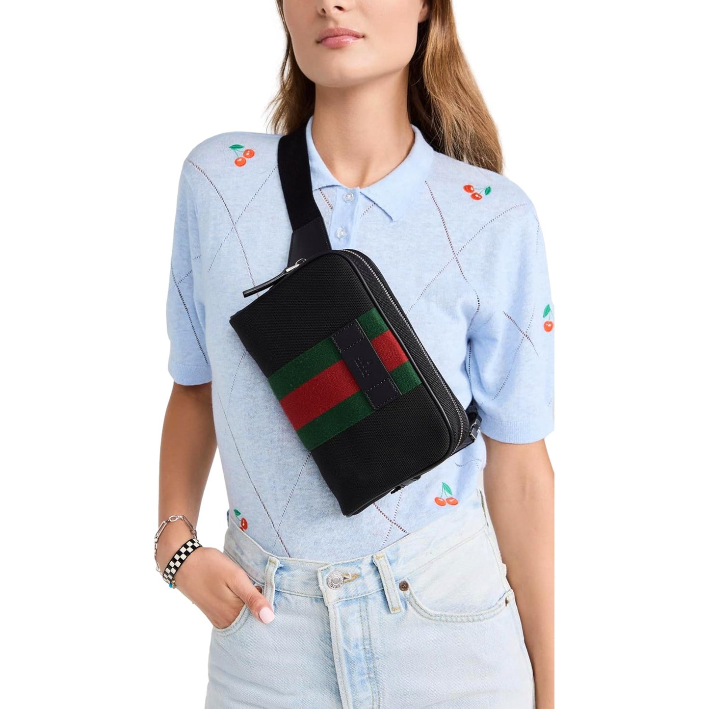 Techno Web Stripe Black Canvas Leather Trim Waist Belt Bag