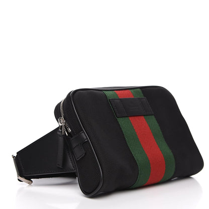 Techno Web Stripe Black Canvas Leather Trim Waist Belt Bag