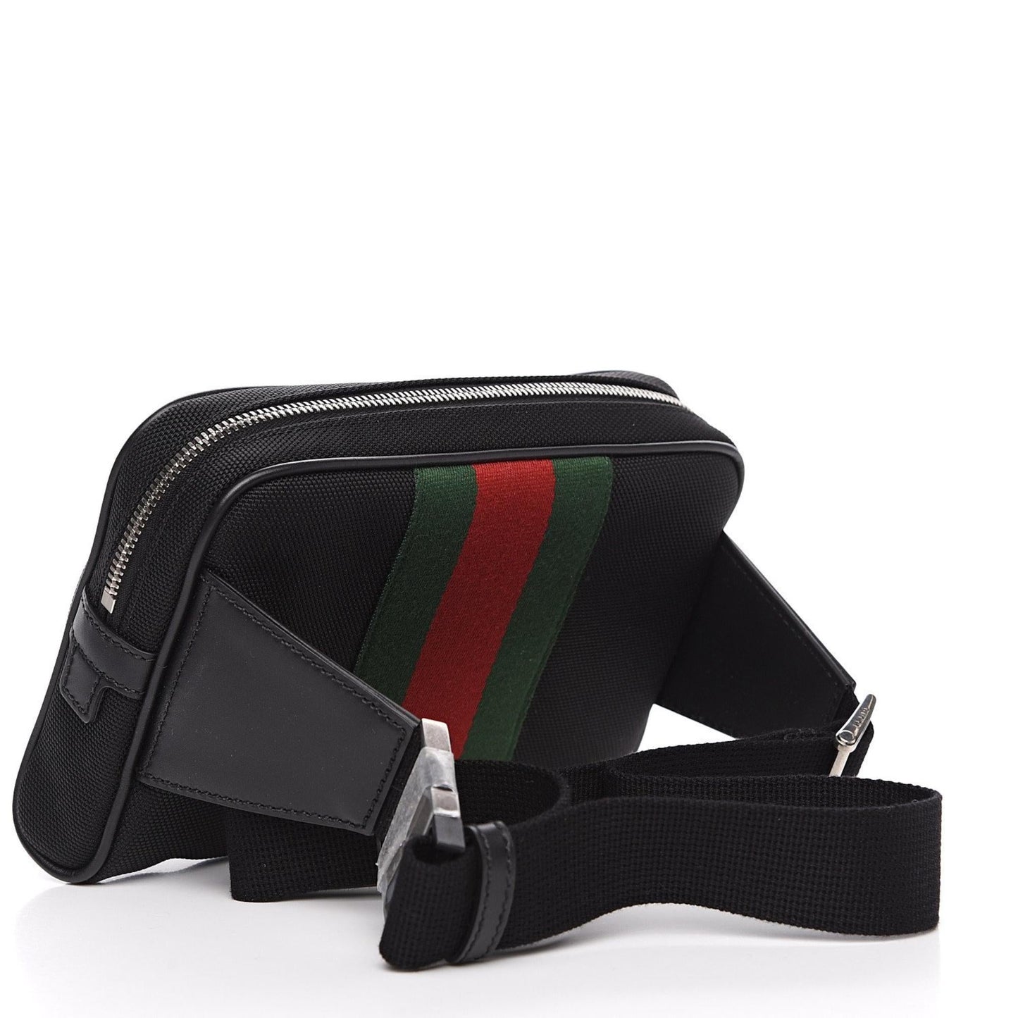 Techno Web Stripe Black Canvas Leather Trim Waist Belt Bag