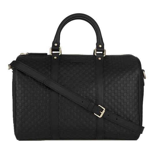 Microguccissima GG Black Leather Embossed Boston Bag