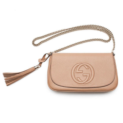 Soho Disco GG Tassel Gold Chain Crossbody Flap Bag Camelia Beige