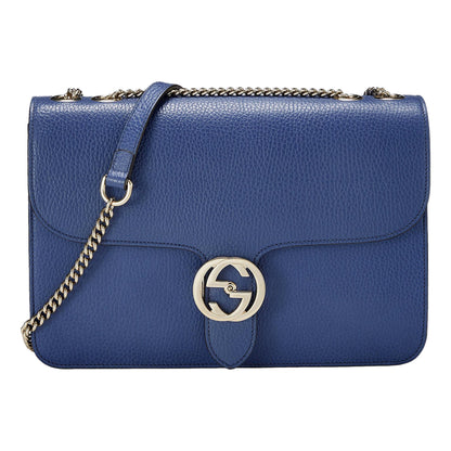 Dollar Interlocking GG Blue Leather Medium Chain Shoulder Bag