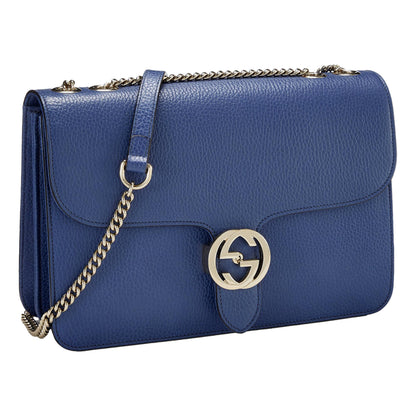 Dollar Interlocking GG Blue Leather Medium Chain Shoulder Bag